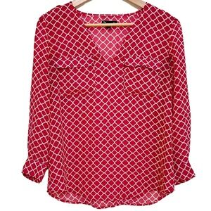 Gap Semi-Sheer Geometric Quatrefoil Pink & White V-Neck Long Sleeve Blouse – S